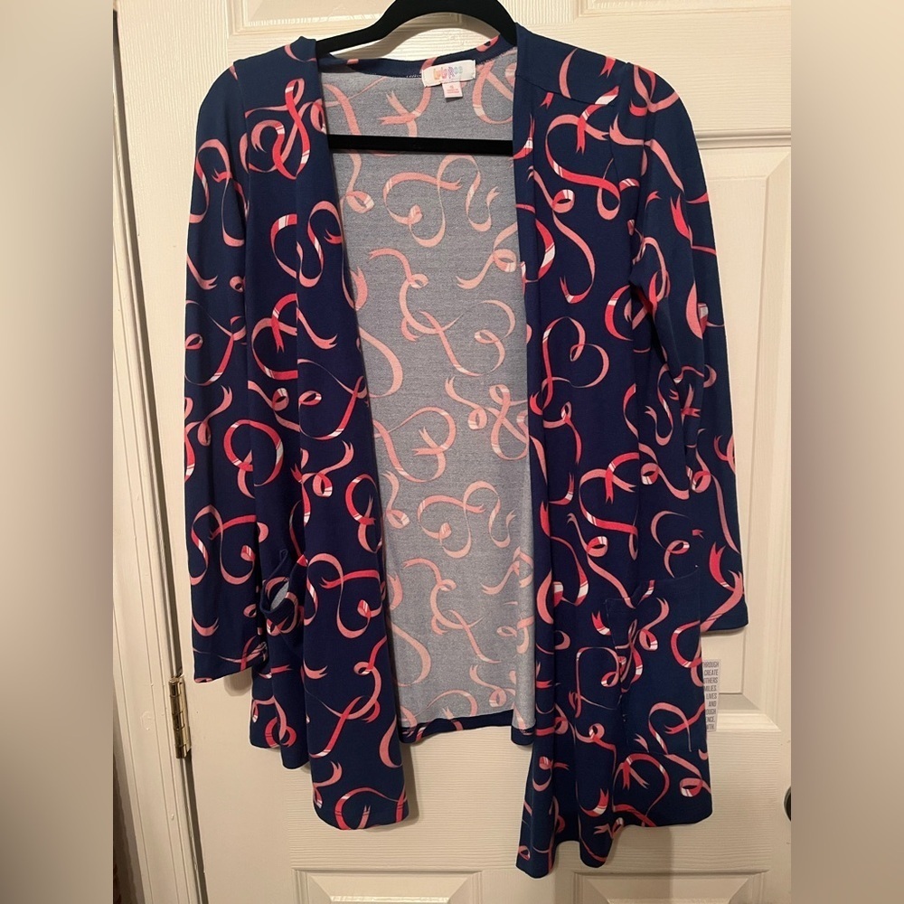 LuLaRoe Small Navy‎ and Pink Ribbon Cardigan
